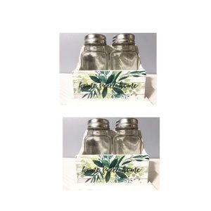 2 Rustic Salt & Pepper Shakers with White Wooden Holders, NEW